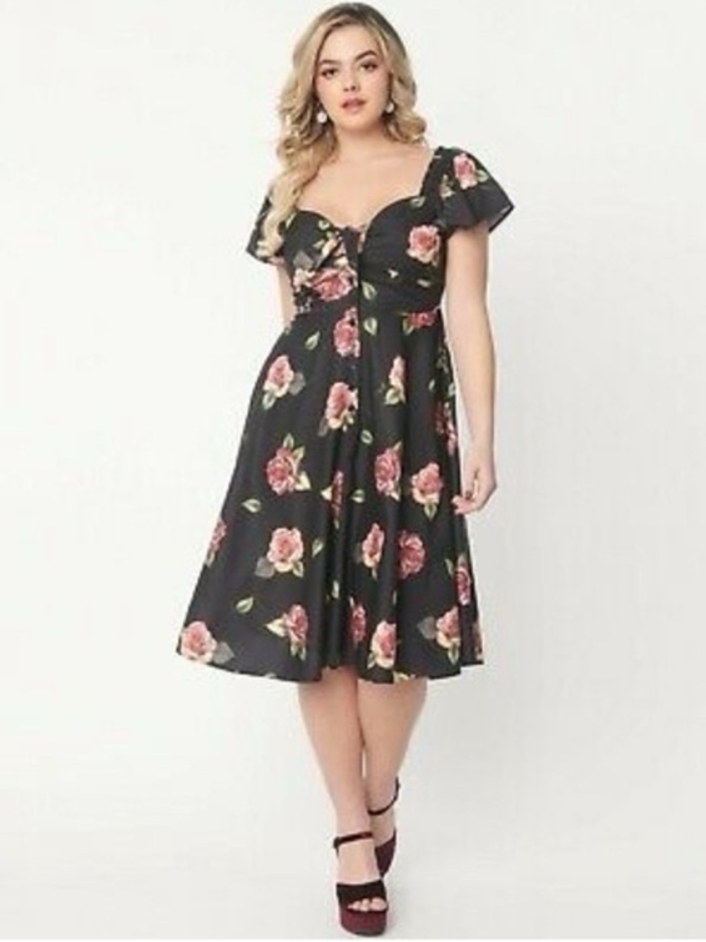 Unique Vintage NWT Floral Sweetheart Neckline Black Dress with Pink Roses